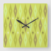 Atomic 1950's Diamonds Sterren Chartreuse Vierkante Klok (Voorkant)