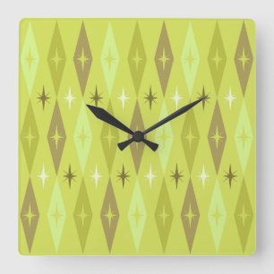 Atomic 1950's Diamonds Sterren Chartreuse Vierkante Klok