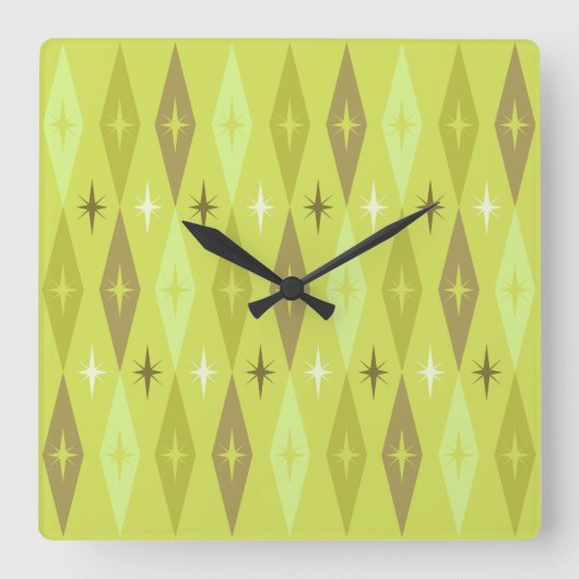 Atomic 1950's Diamonds Sterren Chartreuse Vierkante Klok (Voorkant)