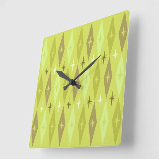 Atomic 1950's Diamonds Sterren Chartreuse Vierkante Klok (Hoek)