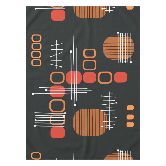 Atomic Abstract Barkcloth Black Burnt Oranje Tafelkleed (Voorkant)