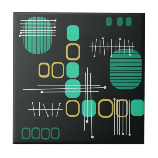 Atomic Abstract Barkcloth Black Turquoise Tegeltje (Voorkant)