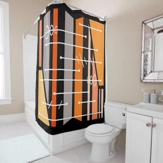 Atomic Abstract Geometric Art Zwart Sinaasappel Douchegordijn (In situ)