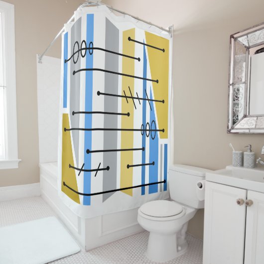 Atomic Abstract Geometrisch Art Blauw Goud Douchegordijn (In situ)