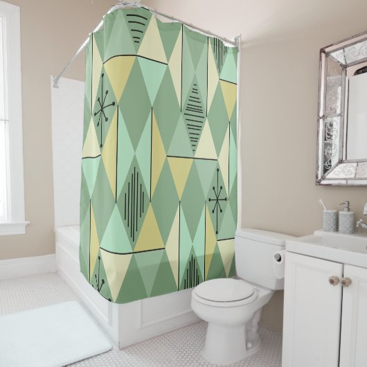 Atomic Age Art Diamonds Mint Green Yellow Douchegordijn (In situ)