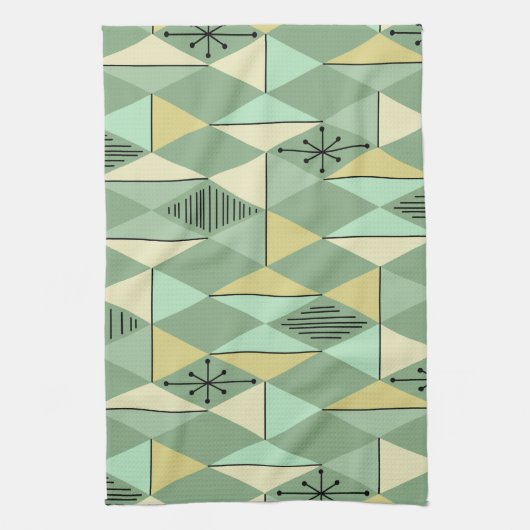 Atomic Age Art Diamonds Mint Green Yellow Theedoek (Verticaal)