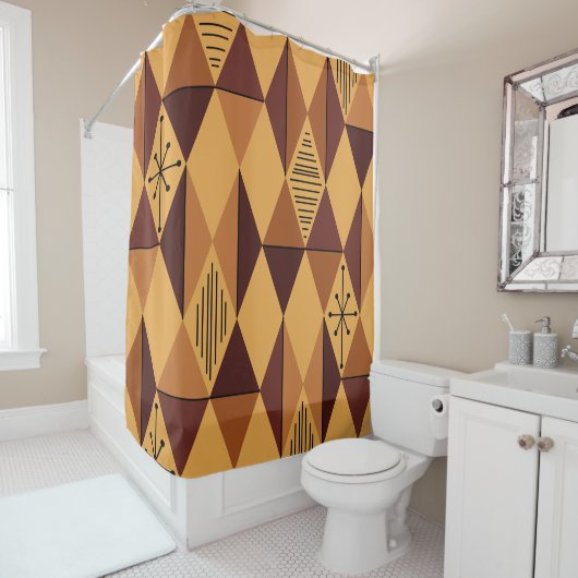 Atomic Age Art Diamonds Ochre Maroon Douchegordijn (In situ)