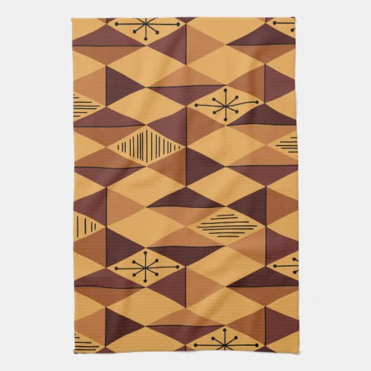 Atomic Age Art Diamonds Ochre Maroon Theedoek (Verticaal)