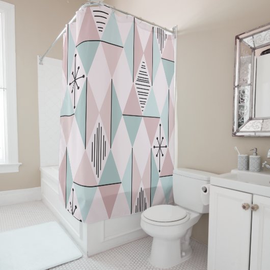 Atomic Age Art Diamonds Pastel Pink Green Douchegordijn (In situ)