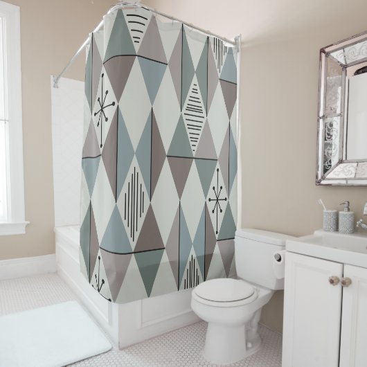 Atomic Age Art Diamonds Sage Grey Douchegordijn (In situ)