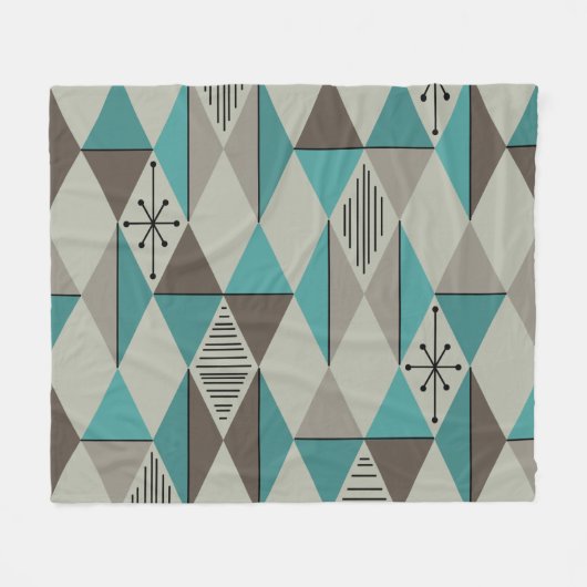 Atomic Age Art Diamonds Turquoise Grey Fleece Deken (Voorkant (Horizontaal))