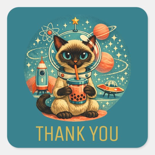Atomic Age Boba Siamese Astronaut Kat Dank Je Vierkante Sticker (Voorkant)