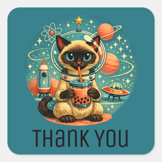 Atomic Age Boba Siamese Astronaut Kat Dank Je Vierkante Sticker (Voorkant)