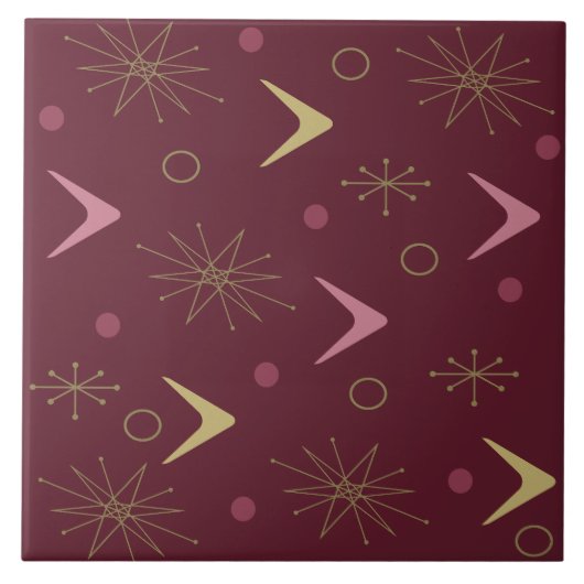 Atomic Age Boomerangs Starbursts Donkerrood Goud Tegeltje (Voorkant)