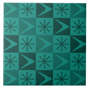 Atomic Age Checkered Boomerangs Blauwgroen Tegeltje