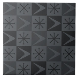 Atomic Age Checkered Boomerangs Grey Tegeltje