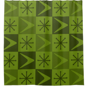 Atomic Age Checkered Boomerangs Olive Douchegordijn