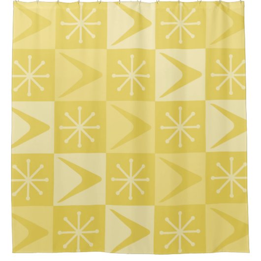 Atomic Age Checkered Boomerangs Yellow Douchegordijn (Voorkant)