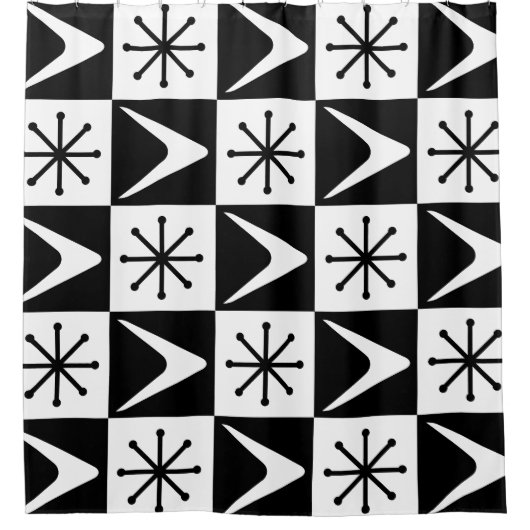 Atomic Age Checkered Boomerangs Zwart Wit Douchegordijn (Voorkant)