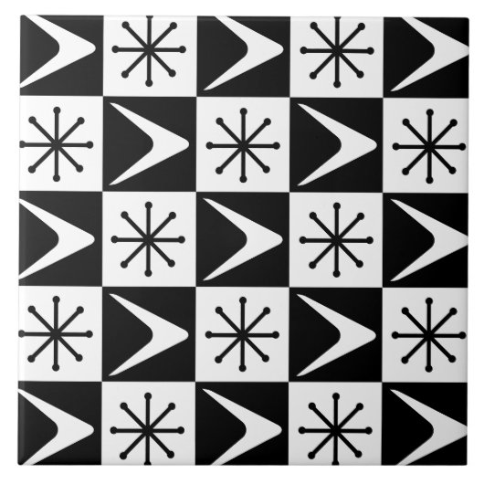 Atomic Age Checkered Boomerangs Zwart Wit Tegeltje (Voorkant)
