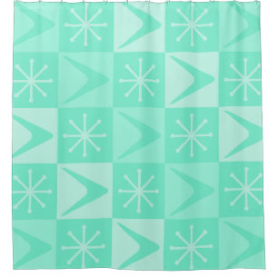 Atomic Age Geruit Boomerangs Mint Green Douchegordijn