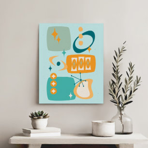 Atomic Age Mid Century Abstract Aqua Sinaasappel Canvas Afdruk
