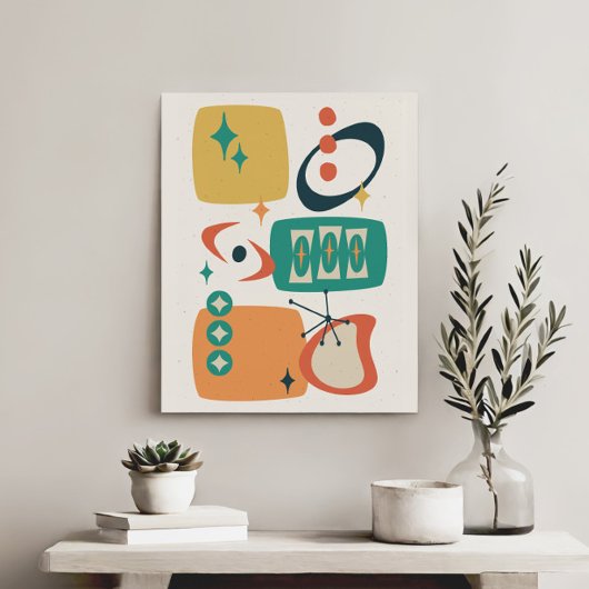 Atomic Age Mid Century Abstract Blauwgroen Sinaasa Canvas Afdruk