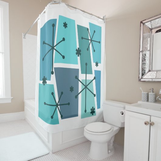 Atomic Age Pop Art Turquoise Douchegordijn (In situ)