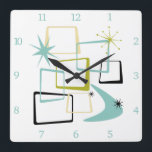Atomic Age Squares Boomerang Starburst Midcentury Vierkante Klok<br><div class="desc">Voeg dat spatje plezier en kleur toe aan je muur met deze fantastische atoomtijdperk midden in de eeuw moderne vierkante wandklok! Dit ontwerp heeft abstracte vierkanten,  starbursts en een boemerang in de kleuren avocado groen,  aquablauw,  geel en zwart... zo funky!</div>