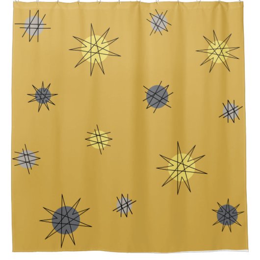 Atomic Age Starburst Planets Ochre Grey Douchegordijn (Voorkant)
