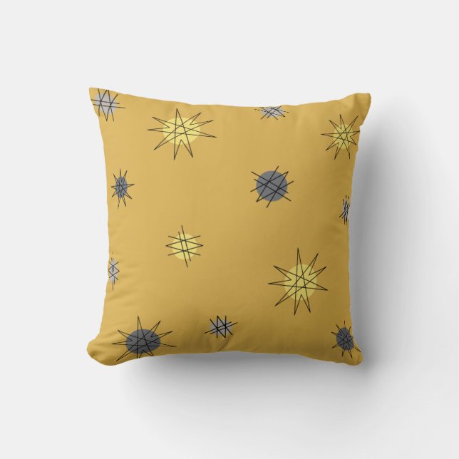Atomic Age Starburst Planets Ochre Grey Kussen (Voorkant)