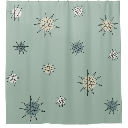 Atomic Age Starburst Planets Sage Green Douchegordijn (Voorkant)