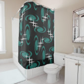 Atomic Age Swirls Stars Pattern Black Blauwgroen Douchegordijn (In situ)