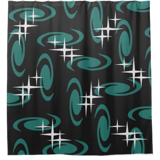 Atomic Age Swirls Stars Pattern Black Blauwgroen Douchegordijn (Voorkant)