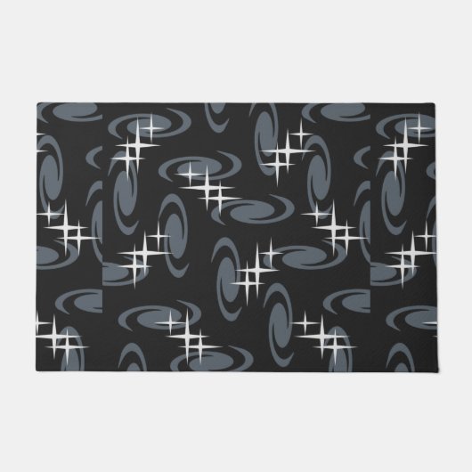 Atomic Age Swirls Stars Pattern Black Grey Deurmat (Voorkant)