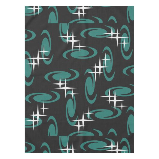 Atomic Age Swirls Stars Pattern Black Teal Tafelkleed (Voorkant)
