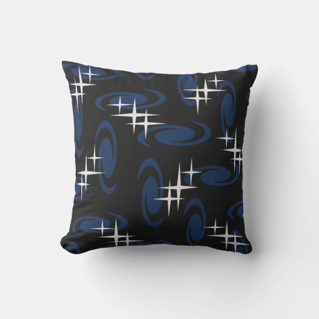 Atomic Age Swirls Stars Pattern Blue Kussen (Voorkant)