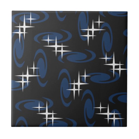 Atomic Age Swirls Stars Pattern Blue Tegeltje (Voorkant)