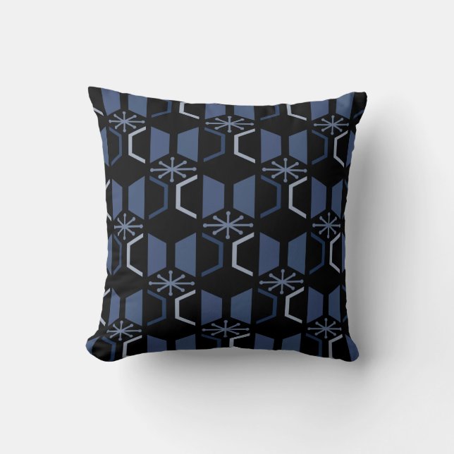 Atomic Age Zeshoeken Zwart Blauw Kussen (Voorkant)