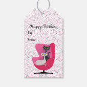 Atomic Birthday Katten op Roze Stoel Polka Dots Cadeaulabel (Voorkant)