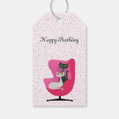 Atomic Birthday Katten op Roze Stoel Polka Dots Cadeaulabel (Achterkant)