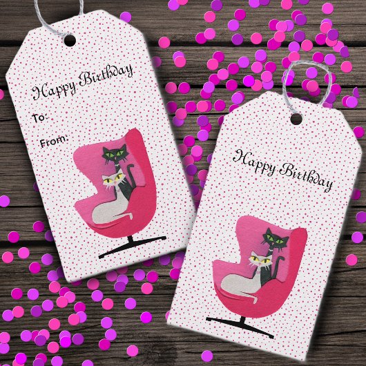 Atomic Birthday Katten op Roze Stoel Polka Dots Cadeaulabel