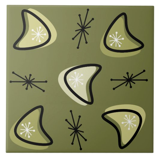 Atomic Boomerangs Starbursts Olijfgroen Tegeltje (Voorkant)