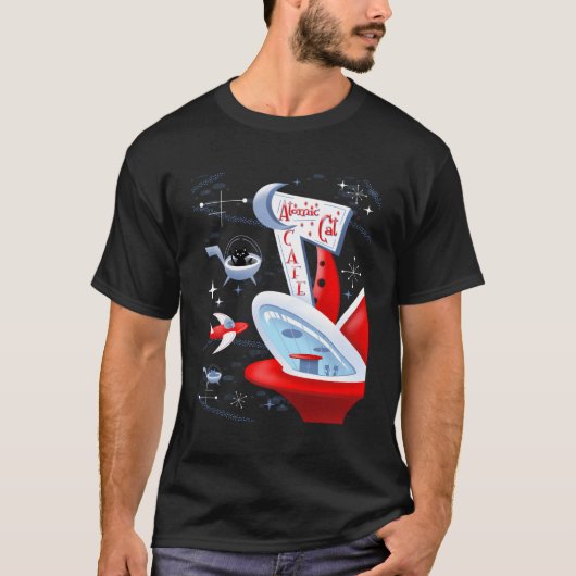 Atomic Cat Cafe Futuristische Spaceport Mid Centur T-shirt (Voorkant)