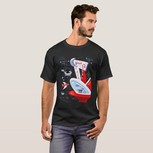 Atomic Cat Cafe Futuristische Spaceport Mid Centur T-shirt (Voorkant volledig)