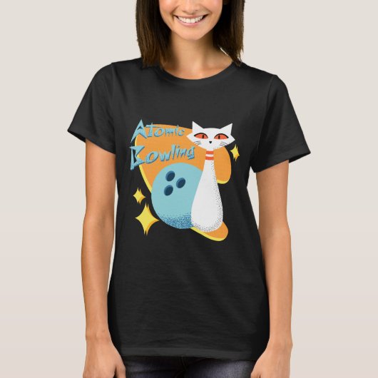 Atomic Cat in Mid-Century Modern Bowling Design T-shirt (Voorkant)