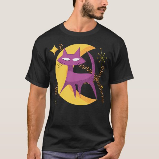 Atomic Cat in Moon Mid-Century Modern Halloween Sc T-shirt (Voorkant)