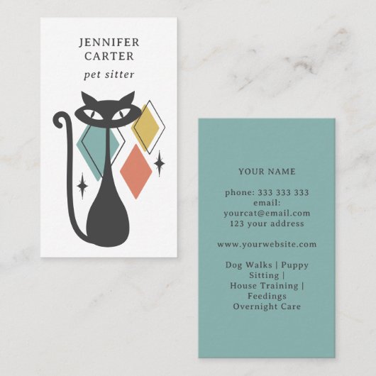 ATOMIC CAT MID CENTURY DIAMOND PET SITTER BLAUW VISITEKAARTJE (Voorkant / Achterkant)