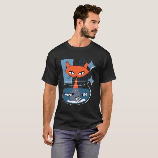 Atomic Cat With Fish Bowl Mid Century Modern Style T-shirt (Voorkant volledig)