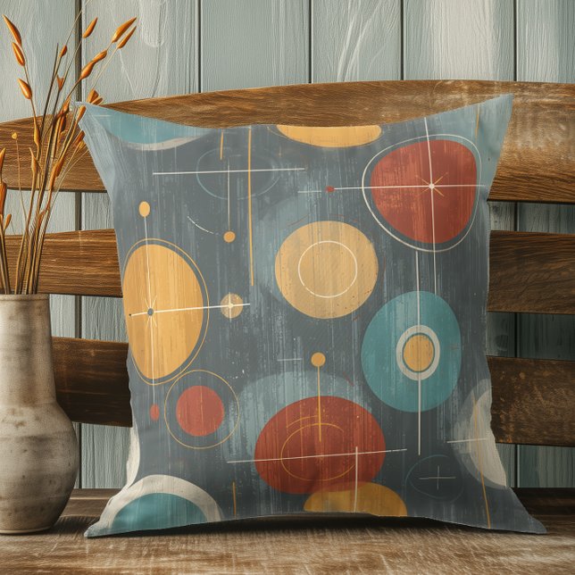 Atomic Circles – Greige en Blauwgroen Mid Century  Kussen (Creator heeft geüpload)